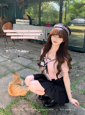 织物猪 甜心少女 粉色水手领上衣黑色半裙两件套学院风jk制服套装