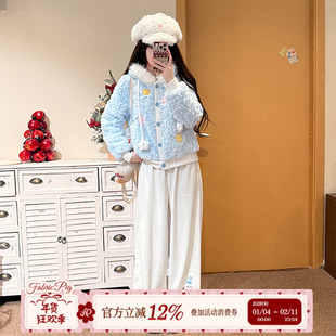织物猪 星光少女 甜美风蓝色羊羔绒外套女冬季保暖连帽毛领棉服