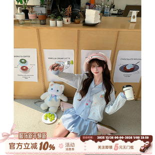 织物猪 甜美风蓝色条纹连帽卫衣女秋冬减龄可爱甜妹上衣 蓝幻小熊