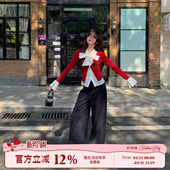 女秋收腰撞色长袖 高智感红色波点假两件衬衫 上衣 草莓牛仔 织物猪