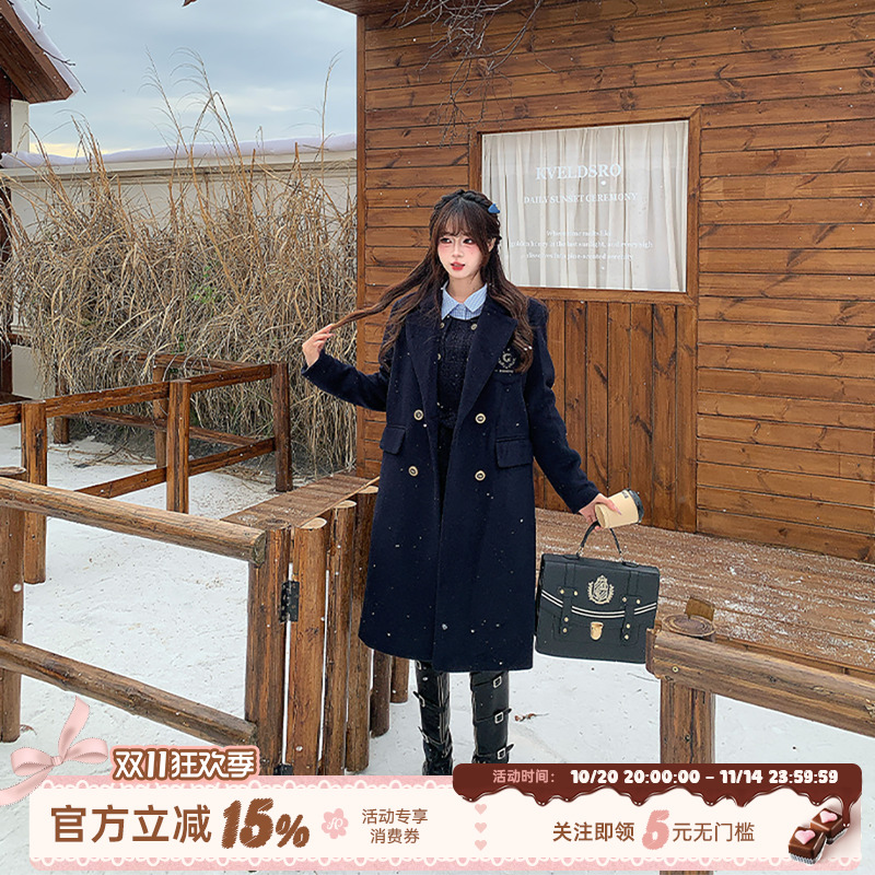 织物猪 绪奈女子 学院风毛呢外套女秋冬制服中长款夹棉呢子大衣