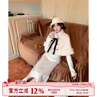 织物猪 千金风波点连衣裙miu系穿搭斗篷两件套气质长裙 都市甜心