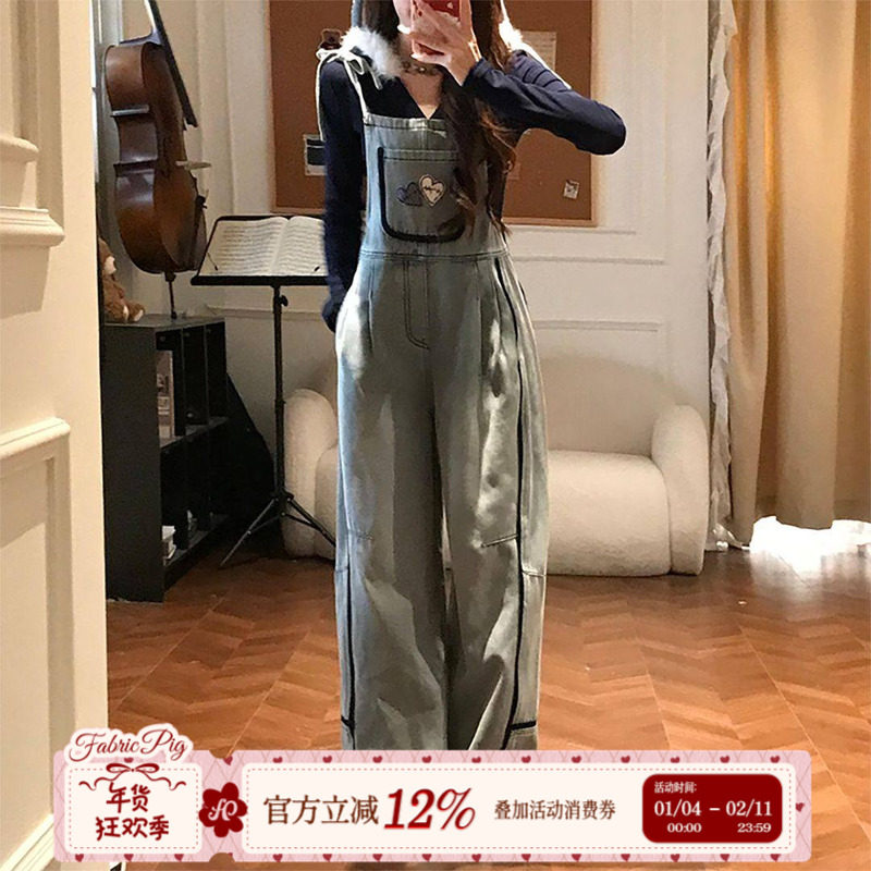 织物猪 软萌熊崽 韩系甜酷风口袋连体背带裤女秋冬牛仔长裤子,女装/女士精品,背带裤,淘宝优惠券,粉丝福利购,淘宝优惠卷