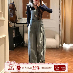 织物猪 软萌熊崽 韩系甜酷风口袋连体背带裤女秋冬牛仔长裤子