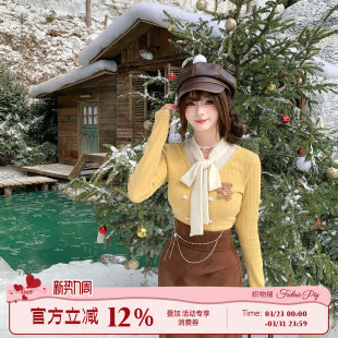 假两件针织衫 织物猪 女冬季 可露里穿搭棕色半身裙套装 焦糖奶霜