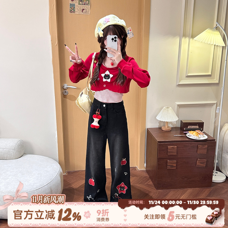 甜酷风黑色直筒牛仔裤女可爱减龄