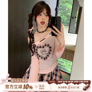 织物猪 暗黑甜酷风粉色吊带连衣裙女收腰蕾丝格纹短裙子 黑化甜心