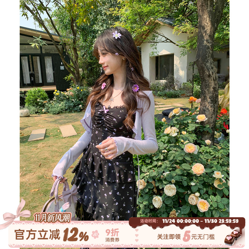 紫色开衫碎花吊带连衣裙女夏季