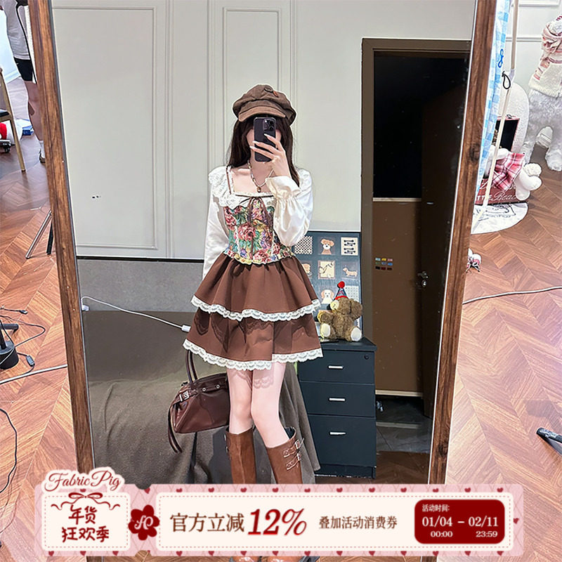 织物猪 油画物语 复古风提花方口领连衣裙女初秋撞色拼接蛋糕短裙,女装/女士精品,连衣裙,淘宝优惠券,粉丝福利购,淘宝优惠卷