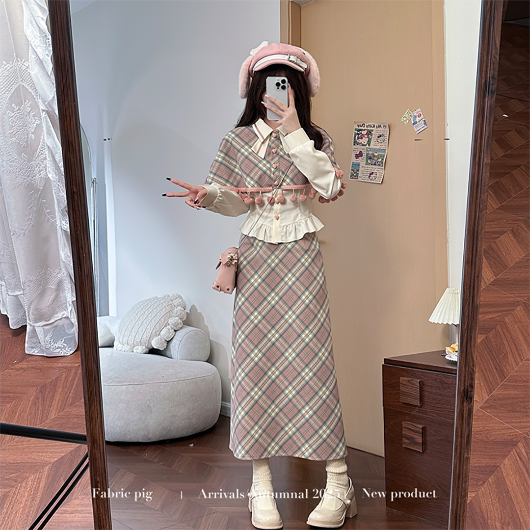 少女千金粉色格纹套装女