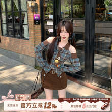 织物猪 小熊咖啡 甜酷风露肩格子衬衫上衣套装女早秋高腰a字短裙