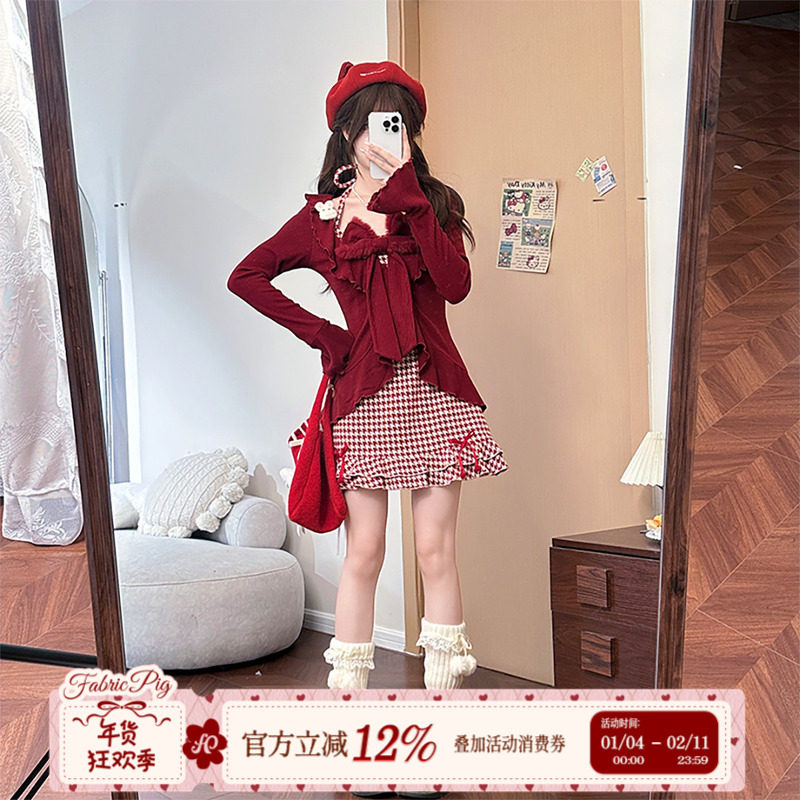 织物猪 甜樱少女 甜美风红色千鸟格挂脖连衣裙女新年穿搭长袖上衣,女装/女士精品,连衣裙,淘宝优惠券,粉丝福利购,淘宝优惠卷
