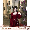 织物猪 新年氛围感红色丝绒连衣裙女秋冬收腰花苞短裙子 莓果星尘