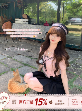 织物猪 甜心少女 粉色水手领上衣黑色半裙两件套学院风jk制服套装