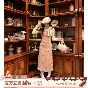 千金粉色碎花连衣裙女秋冬生日裙假两件长裙 法式 织物猪 樱桃泡芙