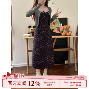 吊带裙两件套 学院风碎花连衣裙女小个子开衫 织物猪 波波奶茶灰色