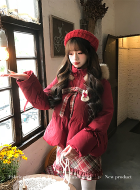 织物猪 黄油软糖 甜美风红色短款棉服外套女冬季可爱连帽新年棉袄