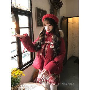 织物猪 黄油软糖 甜美风红色短款棉服外套女冬季可爱连帽新年棉袄