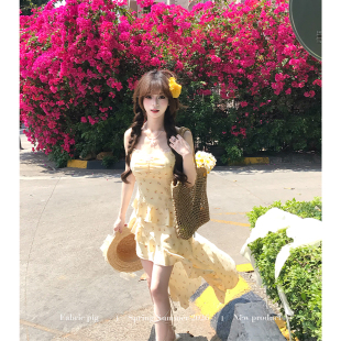 碎花吊带连衣裙女夏季 黄色开衫 不规则拖尾中长裙 紫雾甜心 织物猪