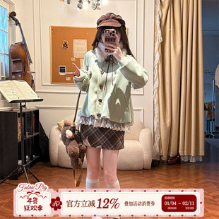 织物猪 薄荷熊崽 甜美少女浅绿色短款外套女冬季麂皮夹棉夹克上衣