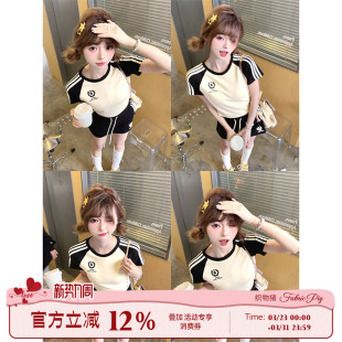 黑色短裙夏休闲运动套装 织物猪 T恤 正肩撞色短袖 两件套 棒球少女