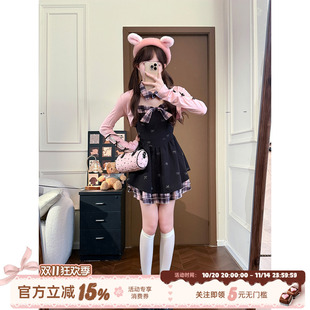 蝴蝶结烫钻短裙子 黑粉色拼接吊带连衣裙女秋装 织物猪 甜欲芭比