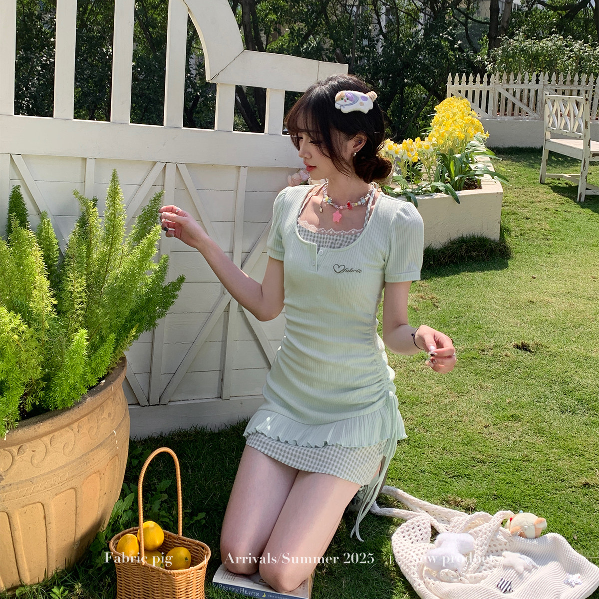 织物猪 海盐甜心 甜欲风针织短袖连衣裙女夏季修身显瘦包臀短裙子