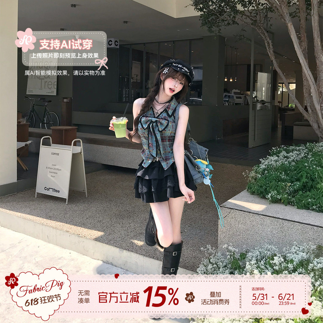 织物猪 青墨甜莓 美式复古甜酷风格纹无袖上衣女夏蝴蝶结设计衬衫