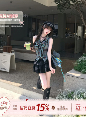 织物猪 青墨甜莓 美式复古甜酷风格纹无袖上衣女夏蝴蝶结设计衬衫