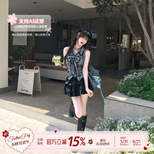 美式复古甜酷风格纹无袖上衣女