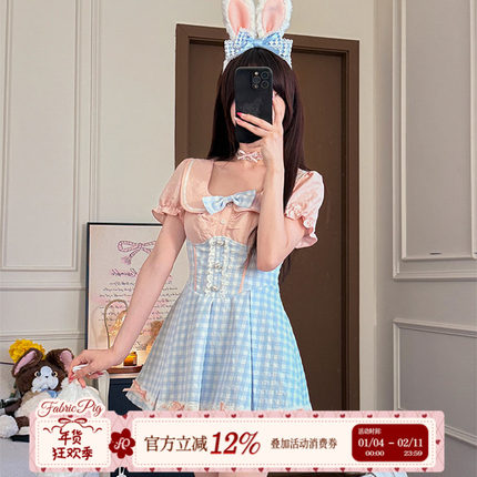 织物猪 粉蓝日记 学院风格子泡泡袖连衣裙女夏甜美收腰拼接短裙子