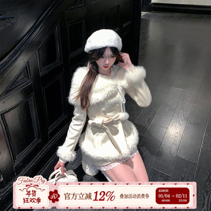 织物猪 莓果奶泡 千金感毛领披肩毛呢外套女冬季加厚杏白色套装,女装/女士精品,时尚套装,淘宝优惠券,粉丝福利购,淘宝优惠卷