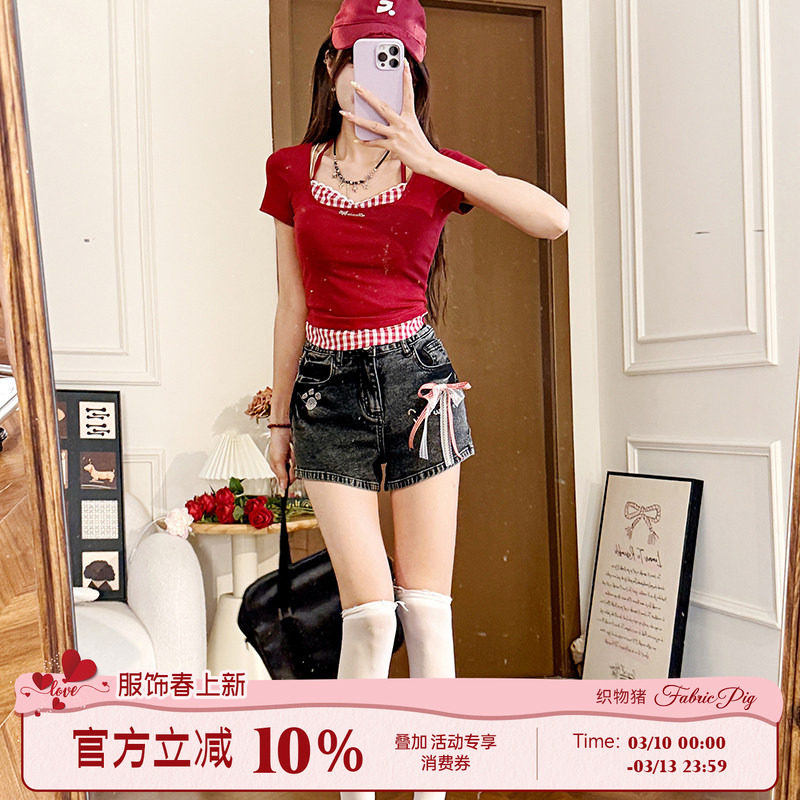 织物猪 叛逆软糖 y2k黑灰色烫钻牛仔短裤女夏蝴蝶结辣妹高腰热裤