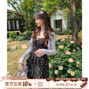 碎花吊带连衣裙女夏季 紫色开衫 不规则拖尾中长裙 紫雾甜心 织物猪