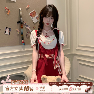 短裤 织物猪 女夏可爱减龄背带裤 甜美少女风红色连体裤 子 红莓杏语