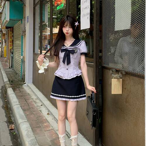 织物猪 桔梗童话 学院风套装jk收腰短袖衬衫女校供感包臀裙两件套