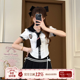 织物猪 斯图尔学院 海军领jk制服衬衫套装女a字百褶短裙子两件套