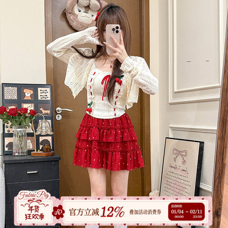 织物猪 樱桃奶冻 红色波点短裙套装女夏樱桃针织吊带开衫三件套,女装/女士精品,时尚套装,淘宝优惠券,粉丝福利购,淘宝优惠卷