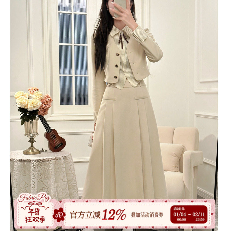 丝绒拿铁 织物猪原创 奶杏色长裙美式复古感学院风收腰显瘦JK制服,女装/女士精品,其它制服/套装,淘宝优惠券,粉丝福利购,淘宝优惠卷