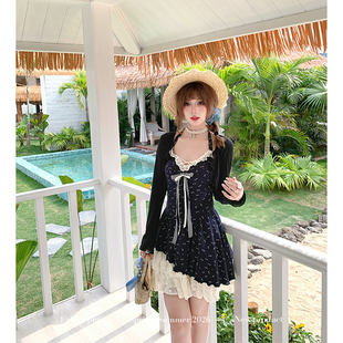 织物猪 甜欲风挂脖连衣裙女初夏碎花裙海边度假小短裙子 蓝屿花叙