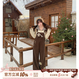 女秋冬美拉德灯芯绒长裤 甜美风减龄咖色背带裤 子 琥珀甜心 织物猪