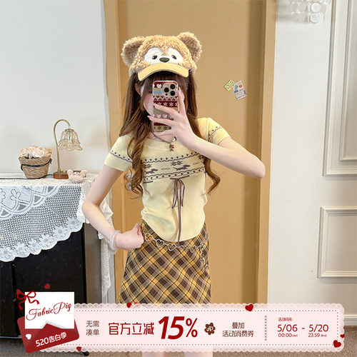 美式复古黄色圆领短袖T恤女夏