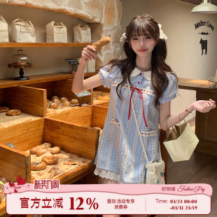 织物猪 甜美日杂风娃娃领可爱连衣裙女小个子减龄短裙子 蓝蝶语序