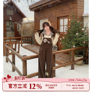 女秋冬美拉德灯芯绒长裤 甜美风减龄咖色背带裤 子 琥珀甜心 织物猪