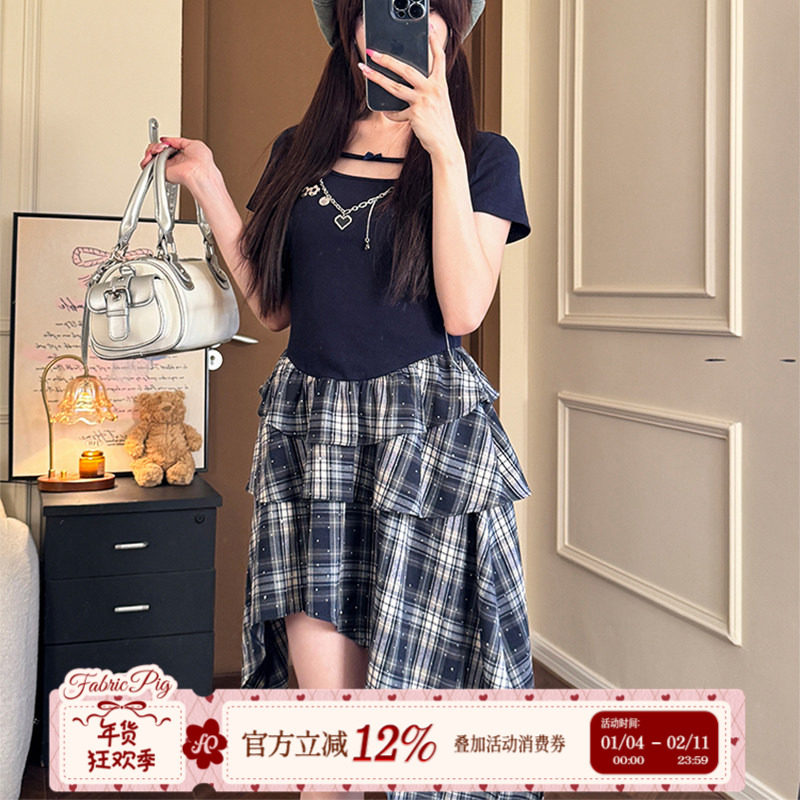 织物猪 蓝海甜心 不规则拼接格纹假两件连衣裙女夏季显瘦中长裙子,女装/女士精品,连衣裙,淘宝优惠券,粉丝福利购,淘宝优惠卷