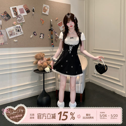 织物猪 摩登黑精灵 甜美千金假两件黑白撞色连衣裙女夏收腰短裙子