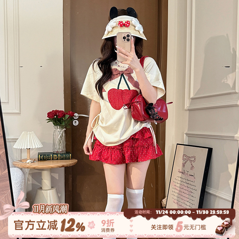 织物猪 樱桃蛋糕 樱桃印花正肩短袖T恤女夏季小个子抽绳系带上衣