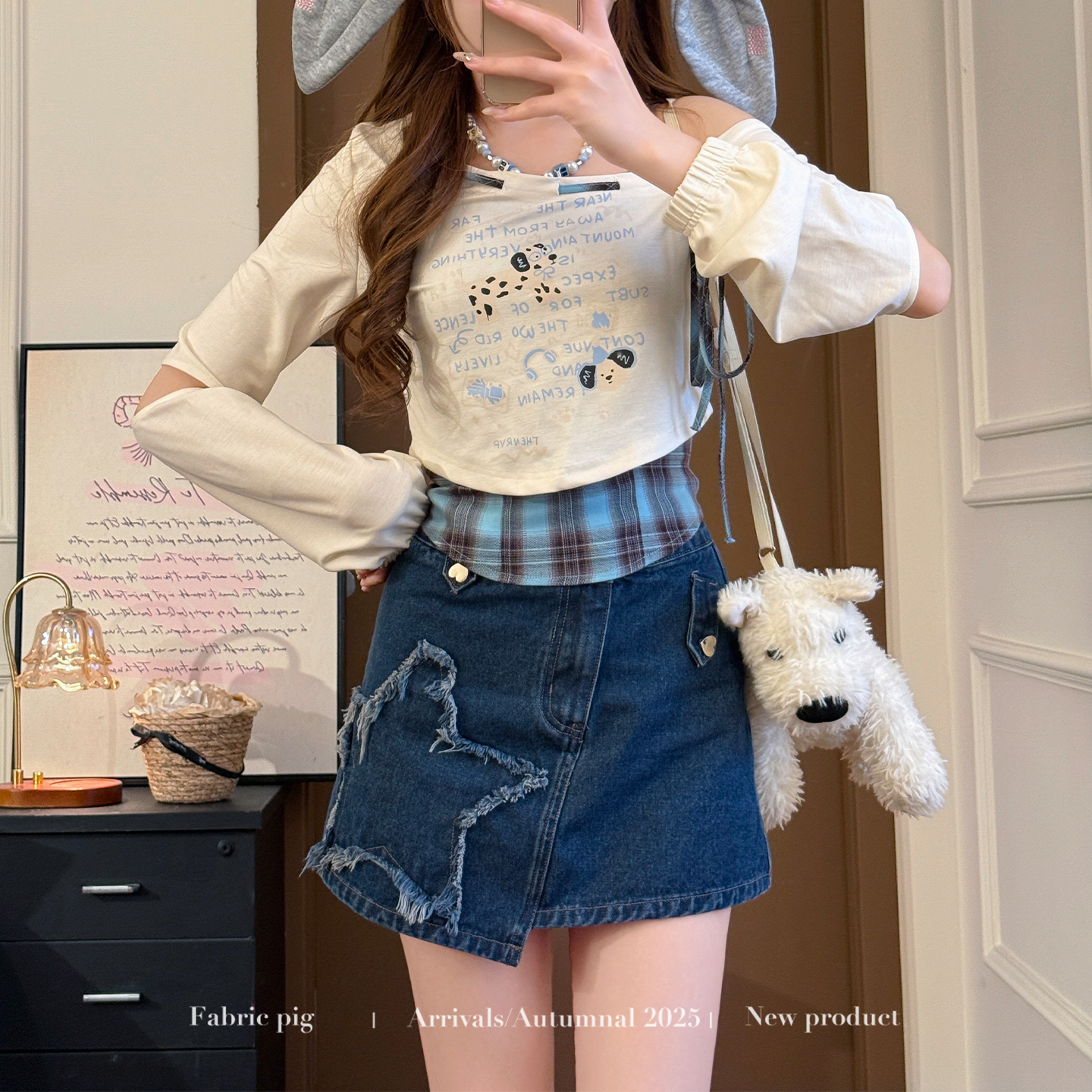 甜美风斜领露肩罩衫上衣长袖T恤