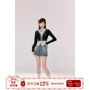 织物猪 时光唱片 早秋撞色假两件上衣女+牛仔半裙两件套百搭套装