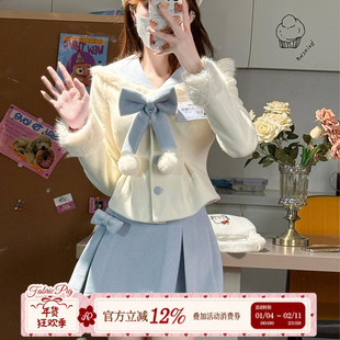 织物猪 冬日精灵 学院风jk制服套装女冬加厚蝴蝶结上衣短裙两件套